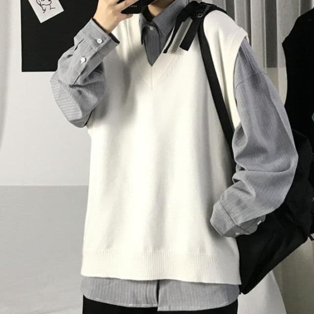 ニット 深襟無袖重ね着風ニットベスト