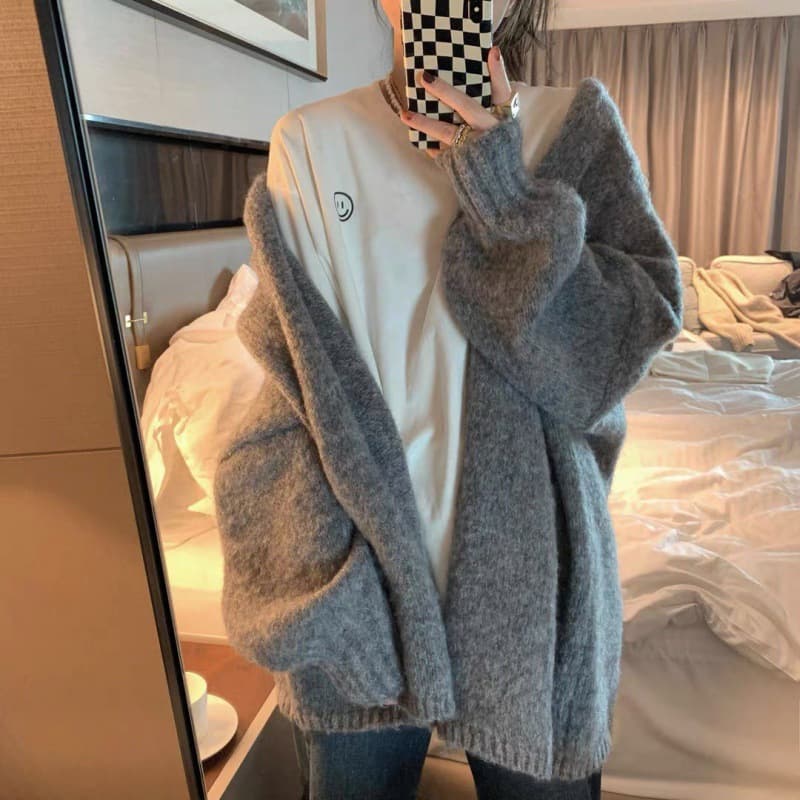 韓国風ロングニットカーディガン レディース 2色展開