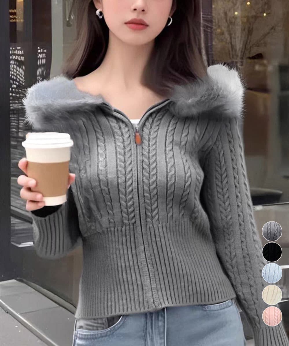 ニット フード付きケーブル編みカーディガン
