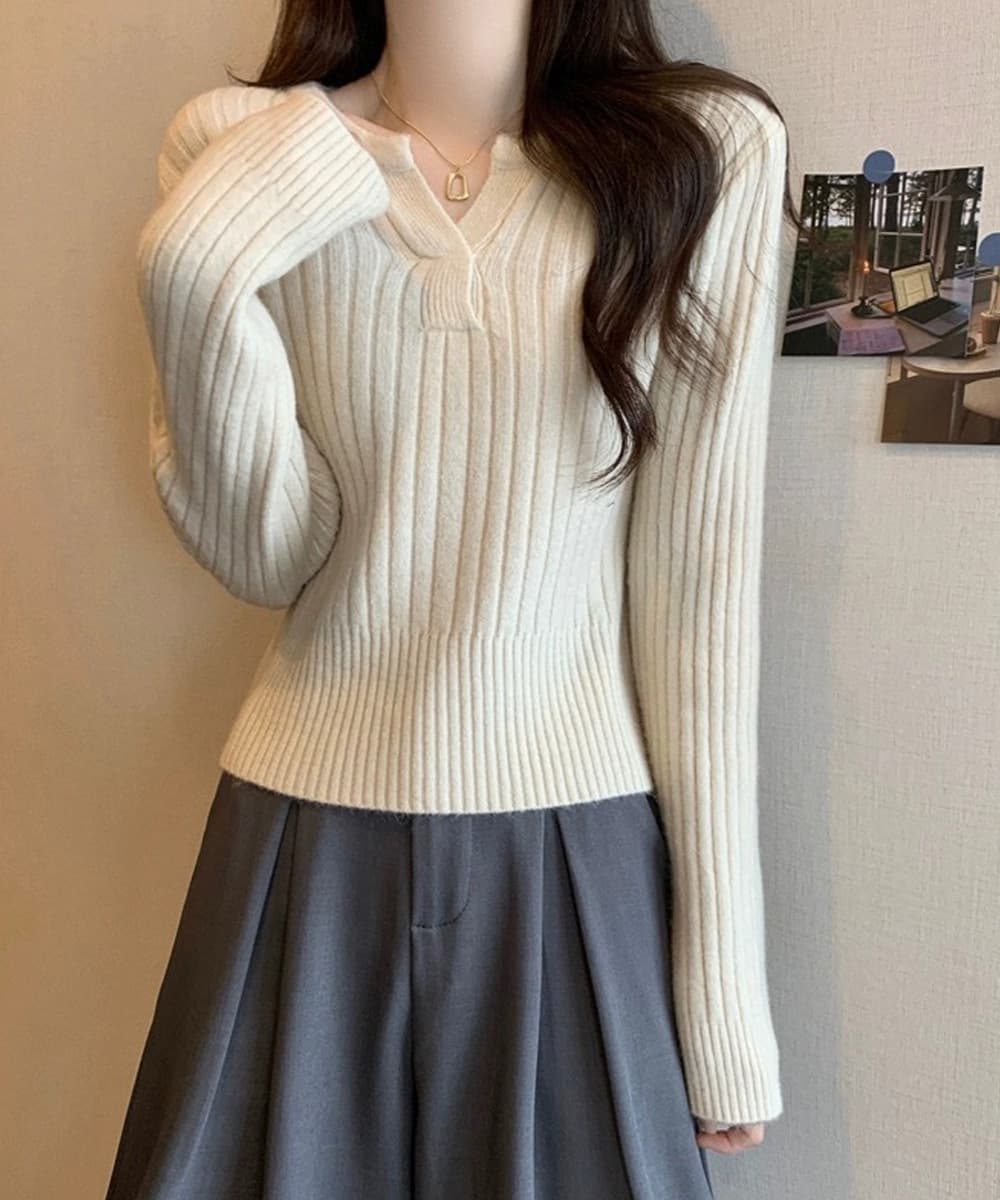 ニット リブニット長袖トップスきれいめ無地