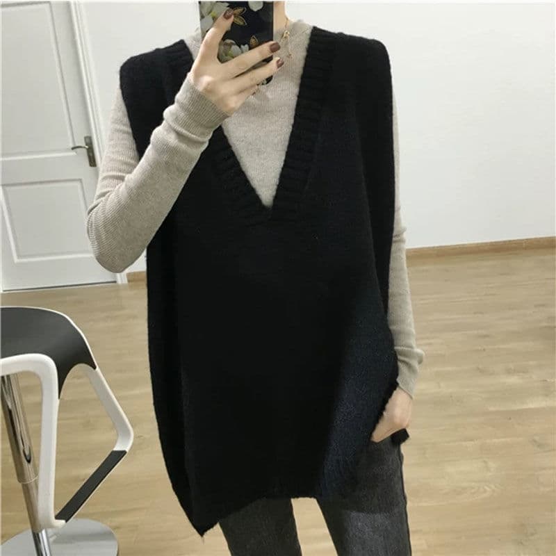 韓国風ニットベスト深めブイネック4色展開