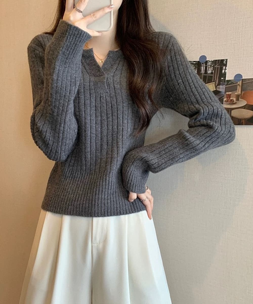 ニット リブニット長袖トップスきれいめ無地