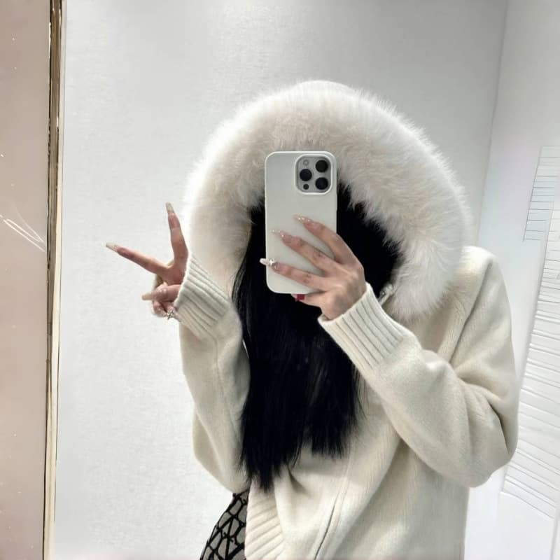 ファー付きフードニットセーター レディース 韓国風 3色展開