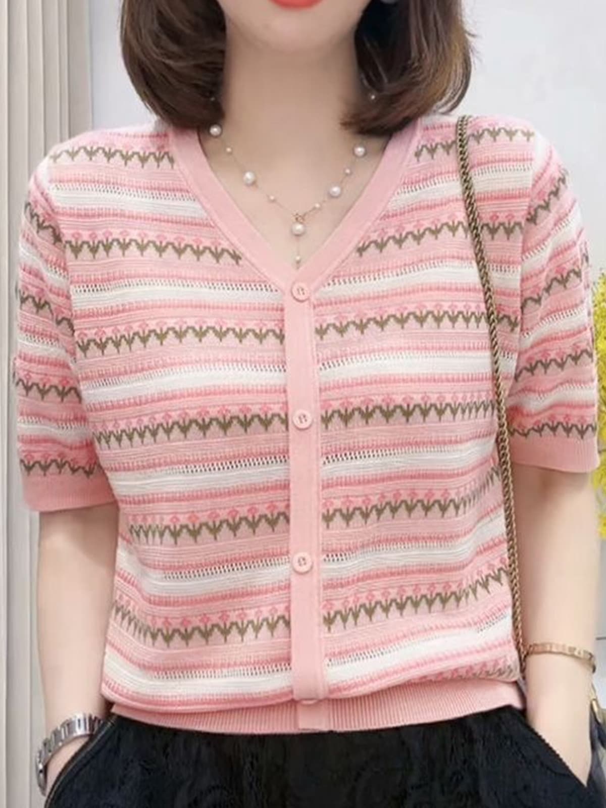 ニット かわいい模様編み半袖ニットカーディガン