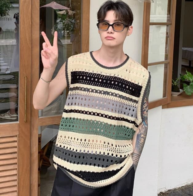 ニット かぎ針編みレトロ透かしベスト