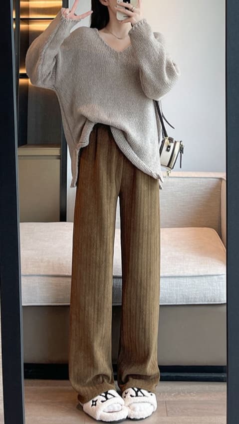 ニット リブ編み柄のゆったりあったかパンツ