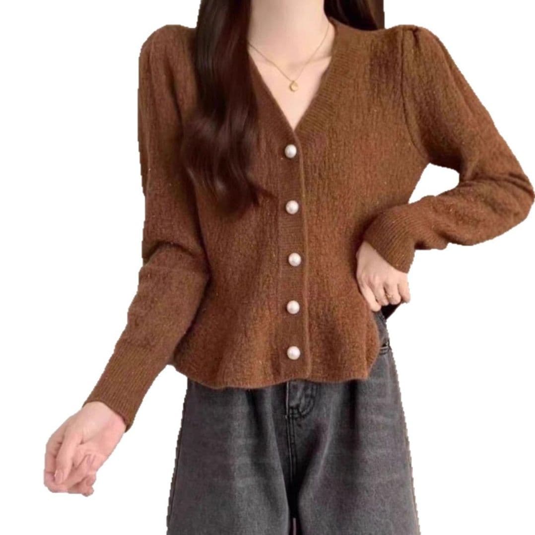 ニット パール釦付きペプラムニットカーディガン
