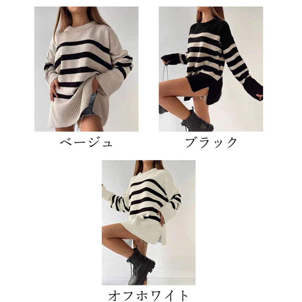 ニット ボーダー編みニットトップス レディース 長袖