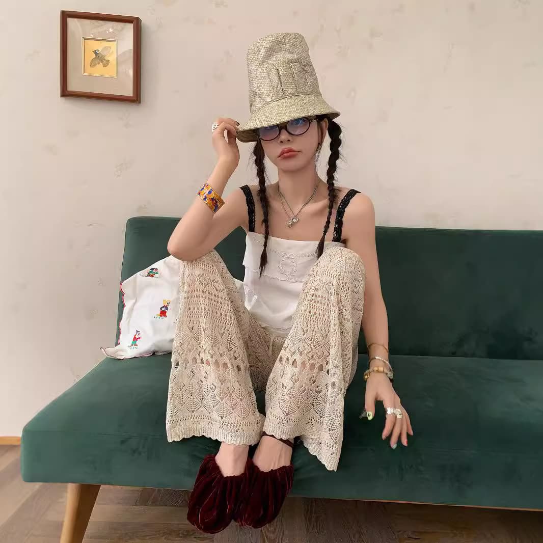 ニット かぎ針透かし編みワイドパンツ