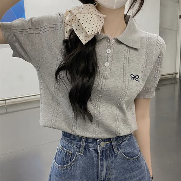 襟付き半袖ニットトップス レディース刺繍デザイン