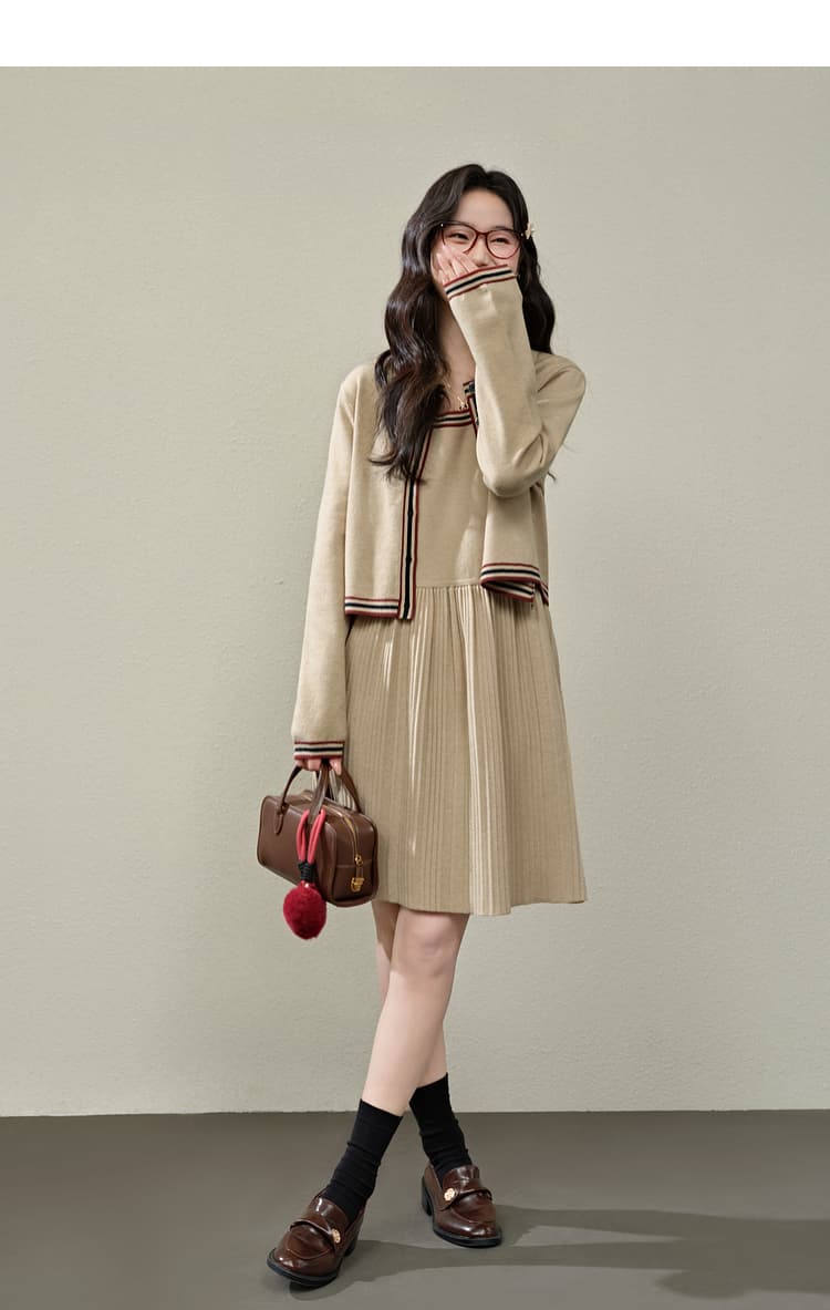 レトロ調ニットプリーツワンピース