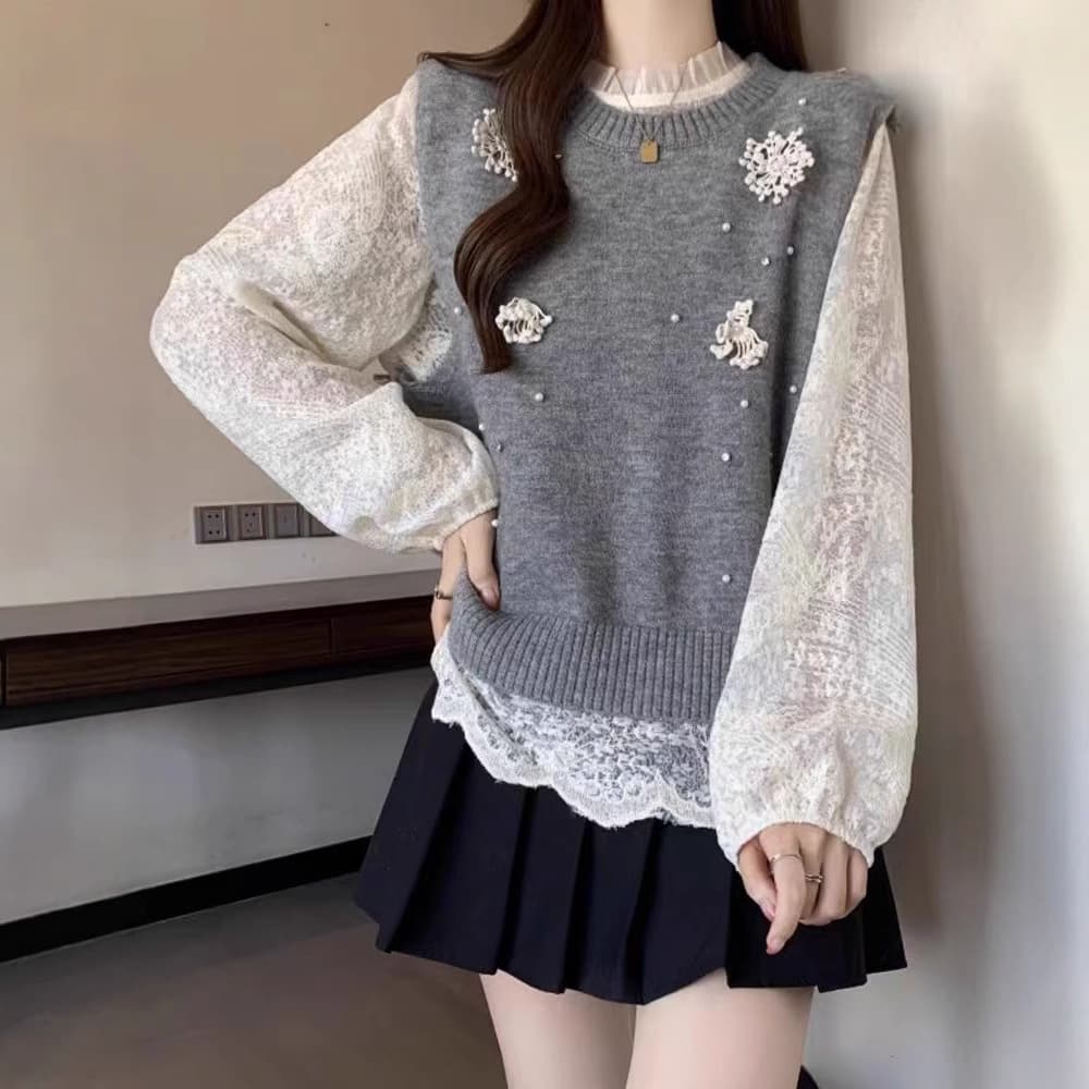 花柄装飾パールニットベスト