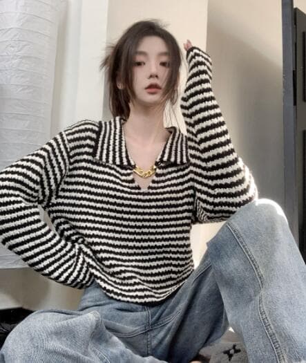 秋冬レディース毛糸ボーダーニットトップス
