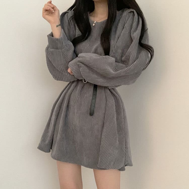 ニット リブ編み長袖ベルト付きニットワンピース