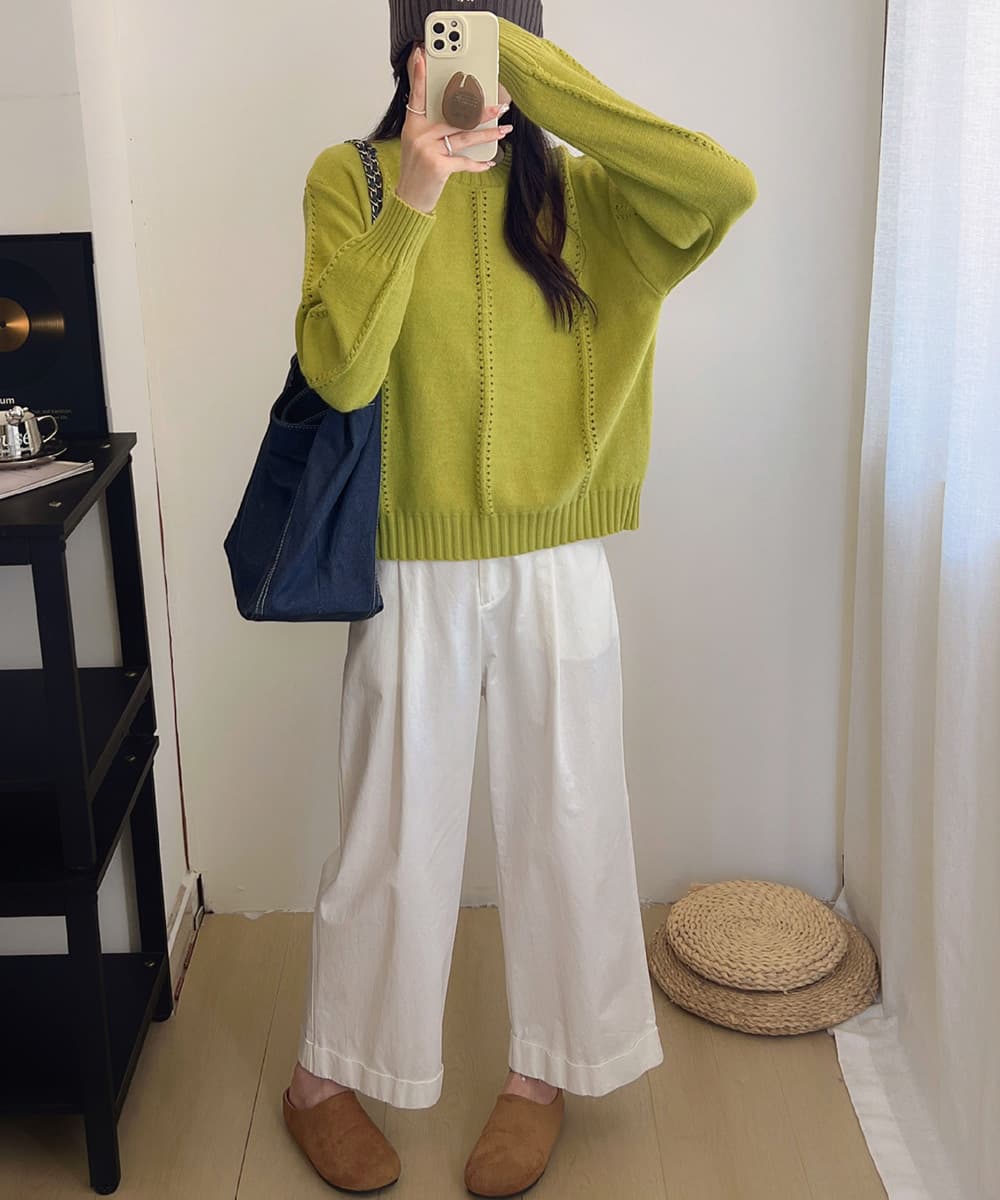 ニット 透かし編み丸首ニットセーター 秋冬レディーストップス