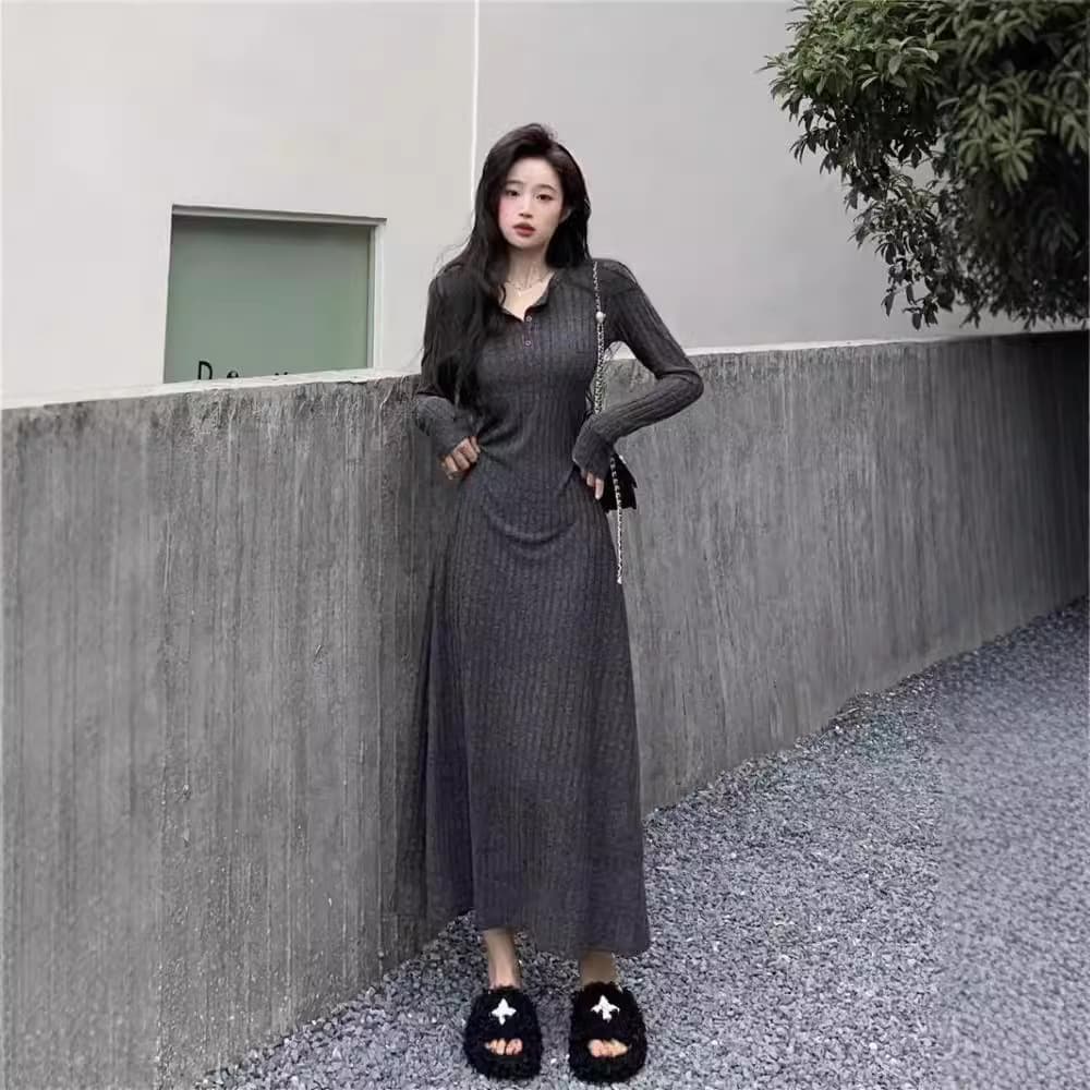 ニット リブ編み ロング ワンピース