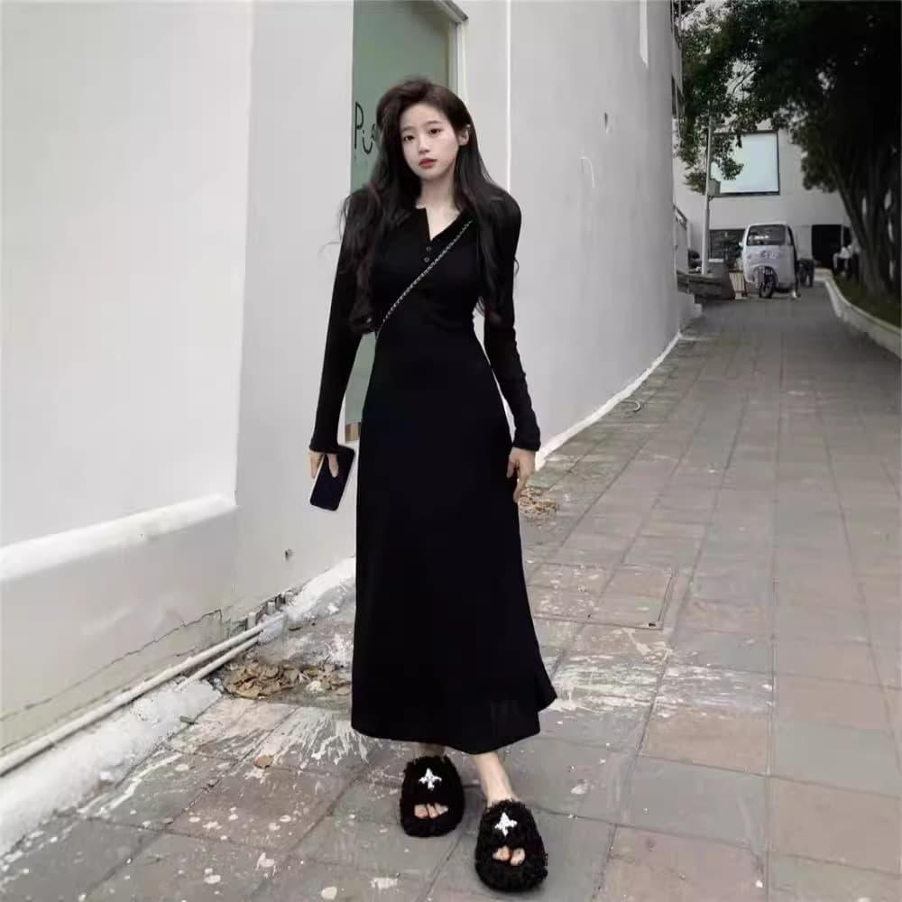 ニット リブ編み ロング ワンピース