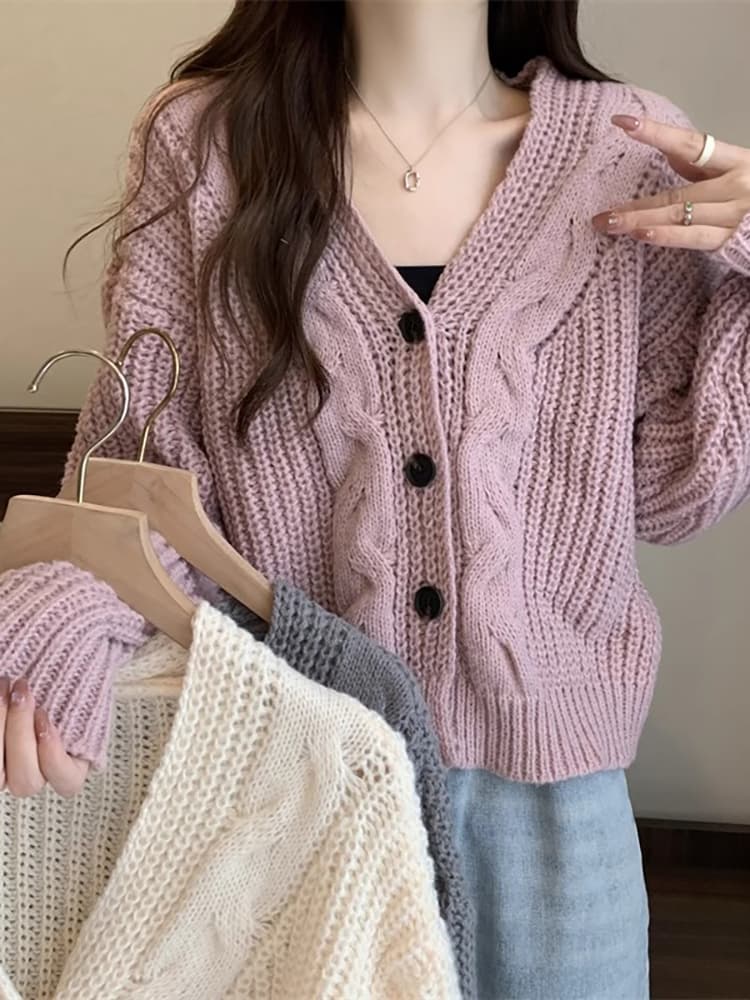 ニット ニット ケーブル編み短丈カーディガン