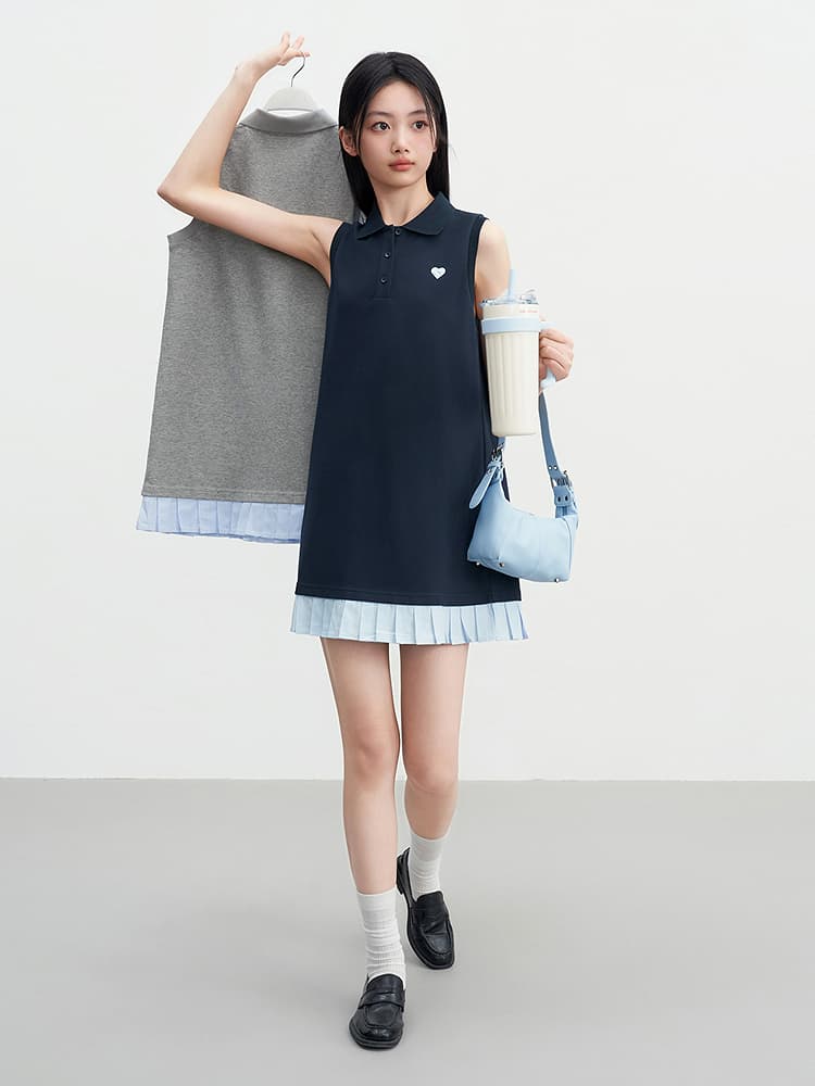 ニット 襟付き裾プリーツニットワンピース