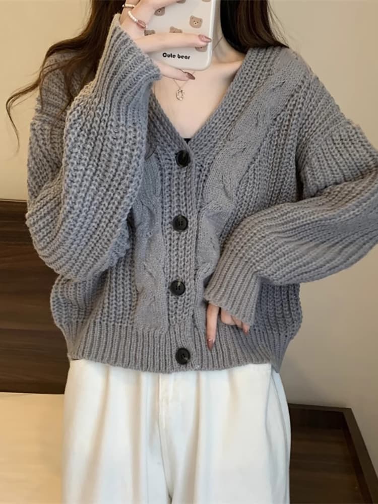 ニット ニット ケーブル編み短丈カーディガン