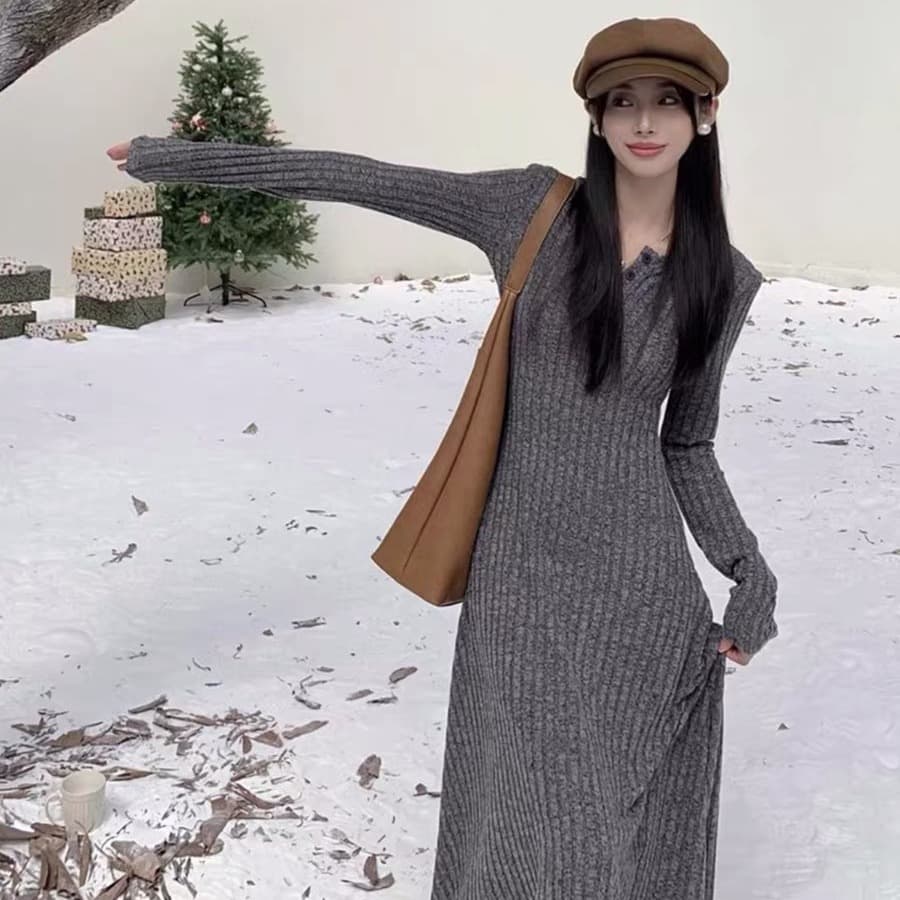 リブ編みストレートニットワンピース