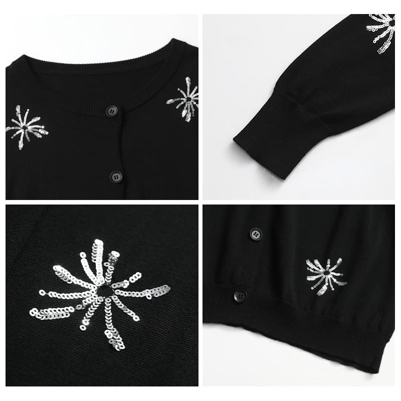 ニット 花モチーフ刺繍入りクルーネックカーディガン